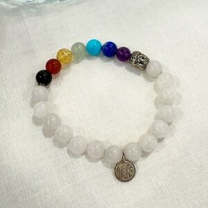 Multicolor Moonstone Chakra Beaded Bracelet with Silver Accents